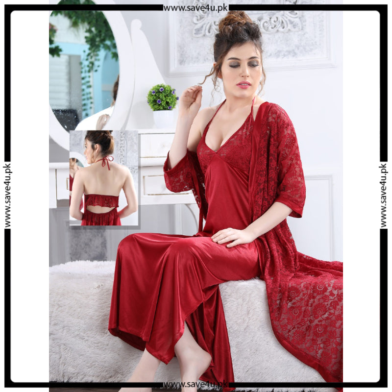 Ladies Long Satin Silk 2-Pcs Lingerie