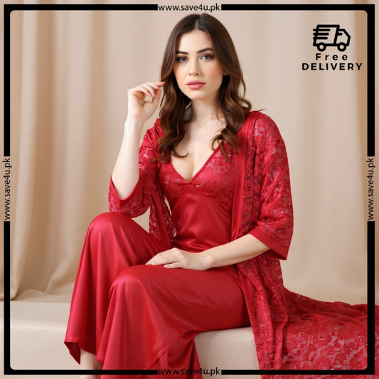 Ladies Long Satin Silk 2-Pcs Lingerie