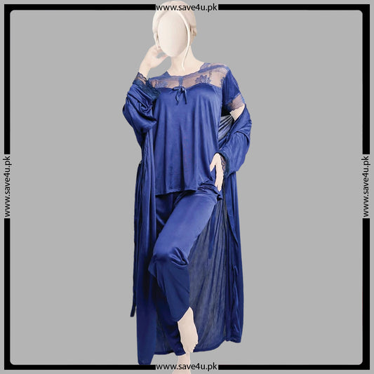 3 Pcs Satin Silk Pajama Set With Nightygown