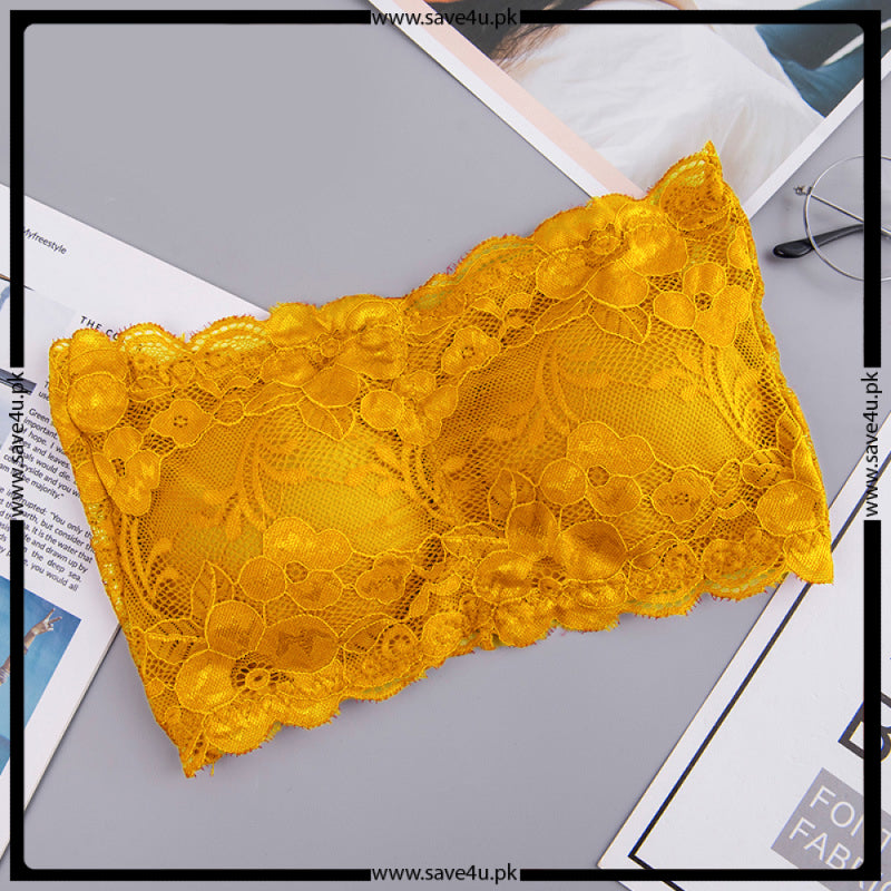 Fancy Lace Net Tube Wireless Strapless Bra-Yellow
