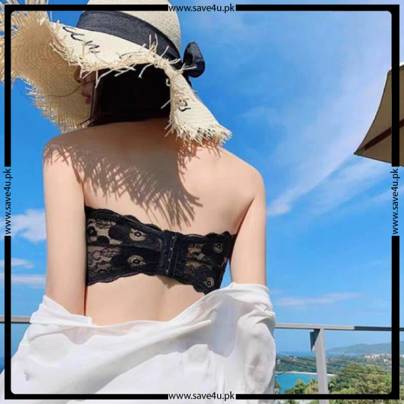 Fancy Lace Net Tube Wireless Strapless Bra