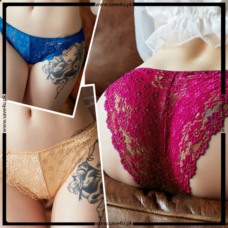 Pack of 3 Embroidered See Through Net Thong Panties