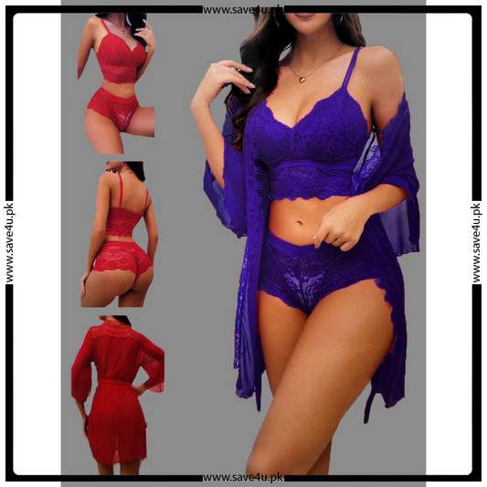Short Gown Lingerie With Matching Bra & Panty