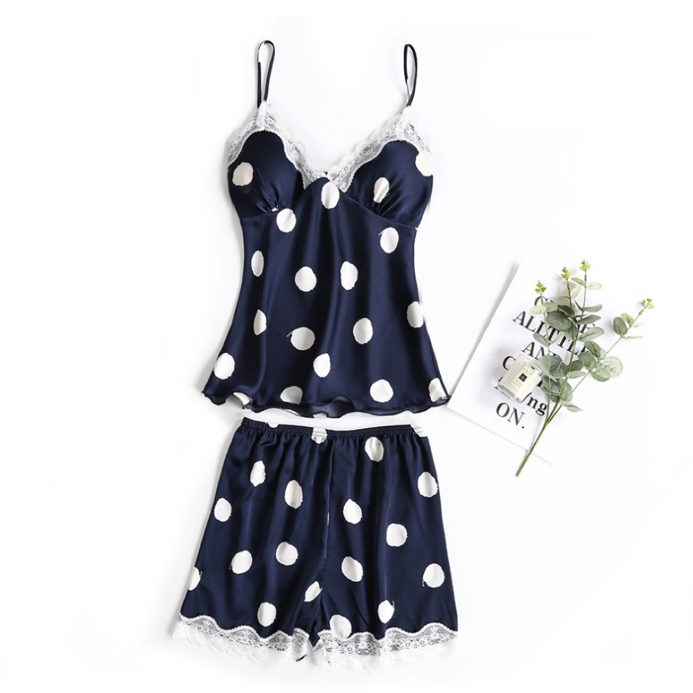 Ladies Thin Padded Satin Silk Polka Dot Design Lingerie Set