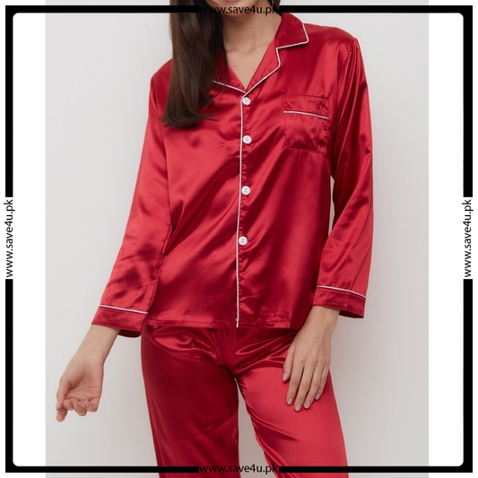 Satin Silk Pajamas Set V Neck Notched Collar