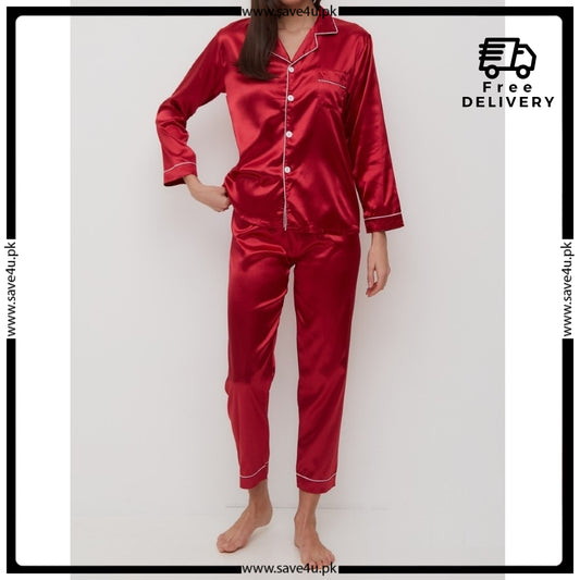 Satin Silk Pajamas Set V Neck Notched Collar