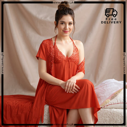 Elegant 2-Pcs Long Satin Silk Lingerie