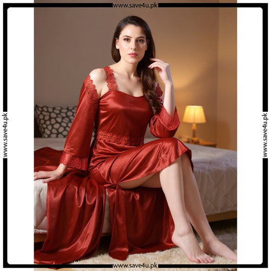 Ladies Satin Silk Beautiful Comfy 2-Pcs Nightwear Lingerie