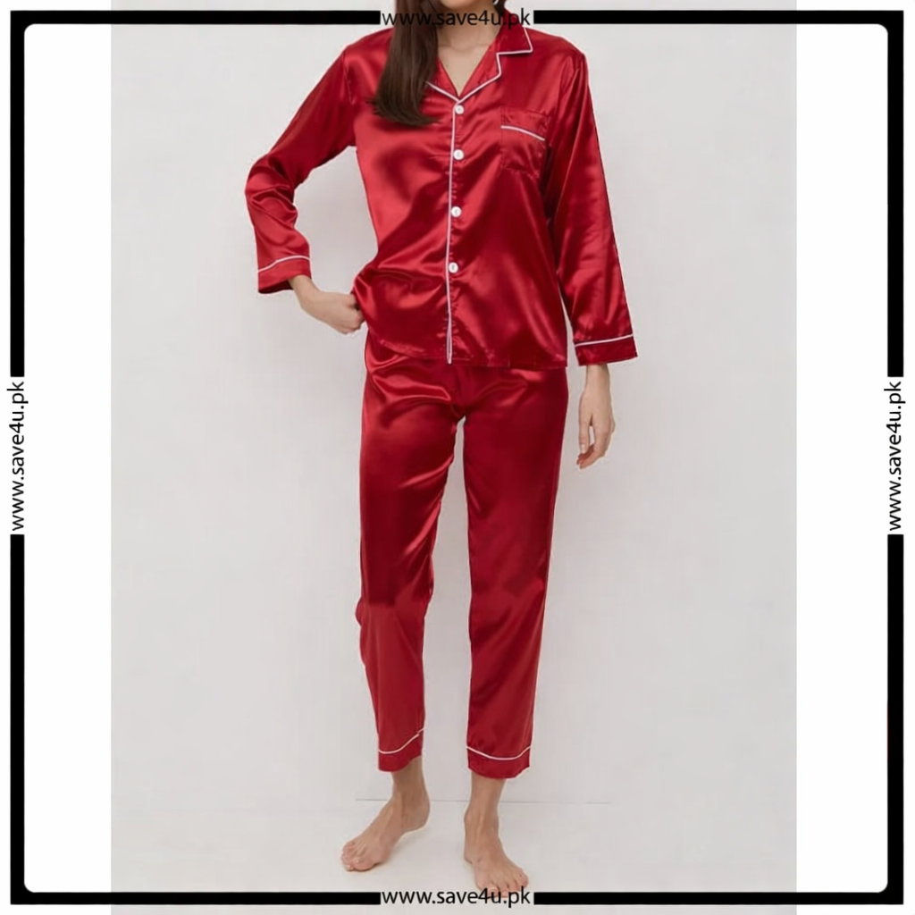 Satin Silk Pajamas Set V Neck Notched Collar