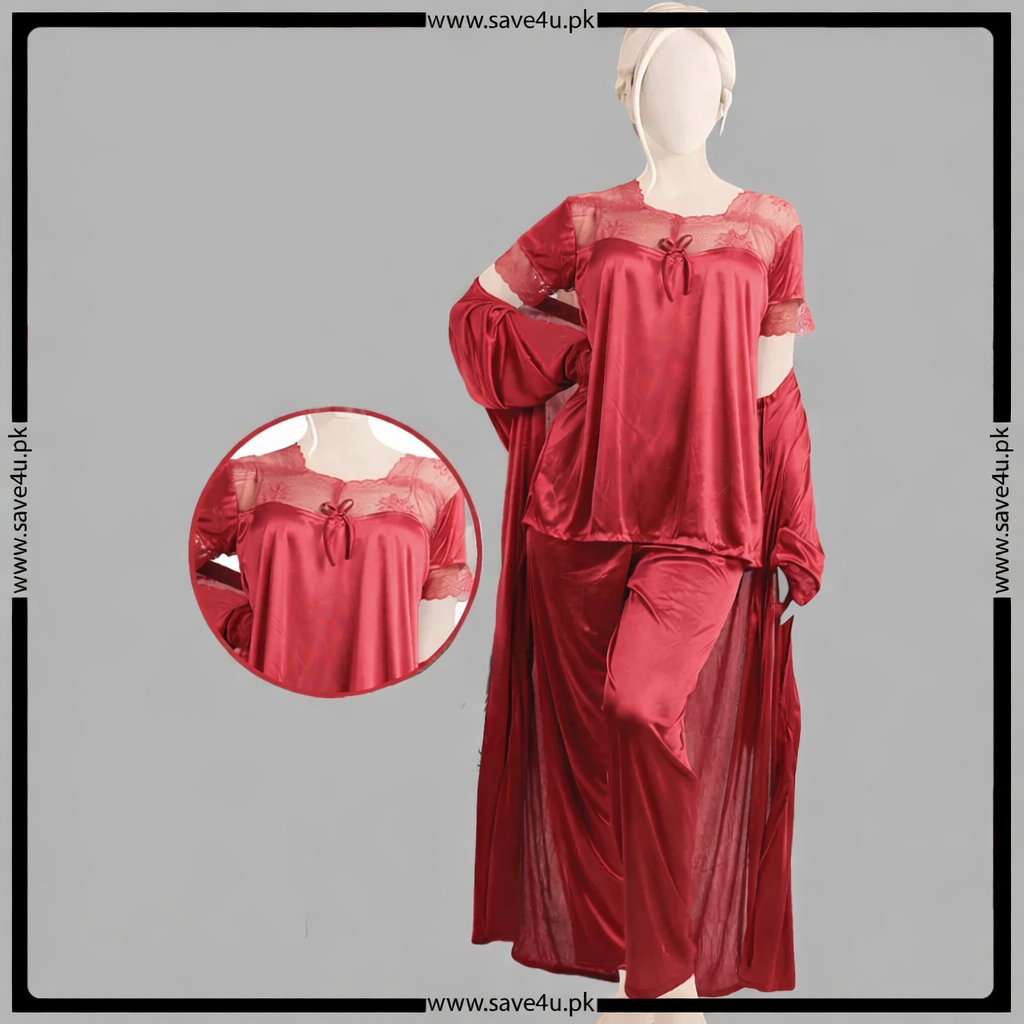 3 Pcs Satin Silk Pajama Set With Nightygown