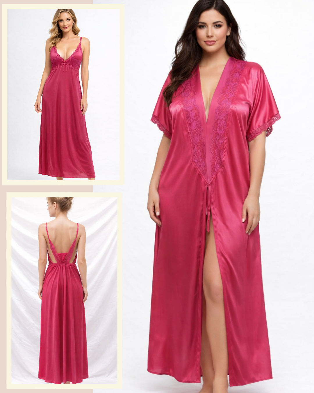 Satin 2 Pcs Lace V Neck Full Slip Nightgown and Robe