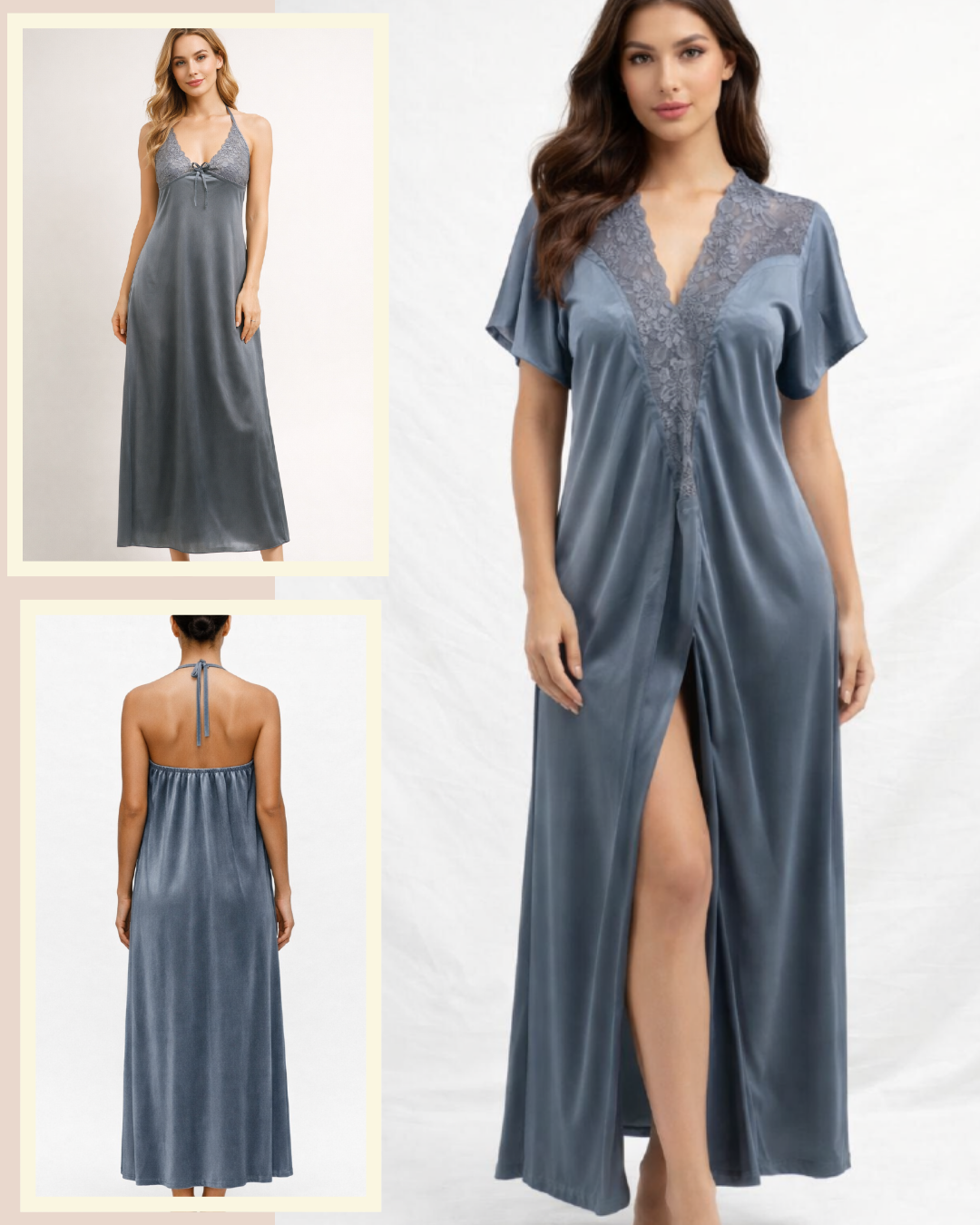 Elegant 2-Pcs Long Satin Silk Lingerie