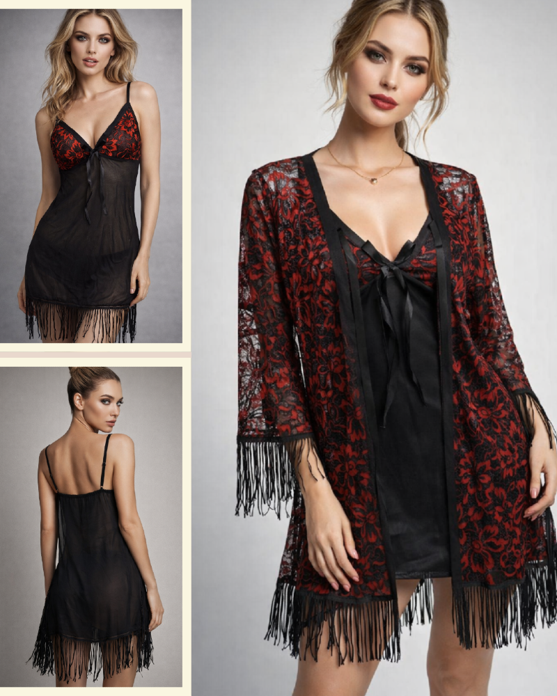 Lace Embroidered 3-Piece Nightwear
