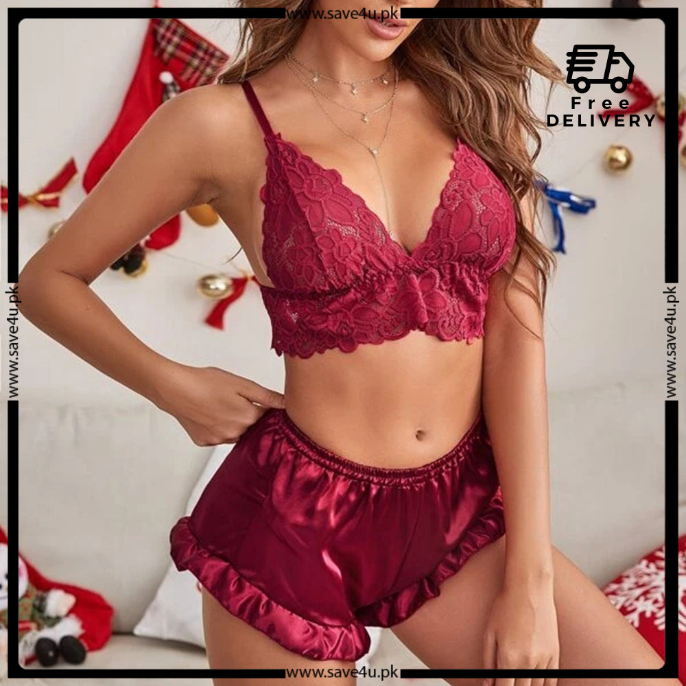 Women Wireless Lace Bra Satin Silk Shorts