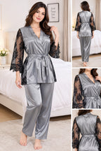 Satin Lingerie Set with Floral Lace Robe