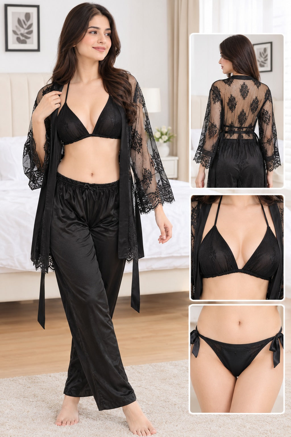 Satin Lingerie Set with Floral Lace Robe