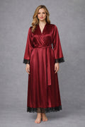 Satin Silk Long kimono Robe Night Gown with Lace