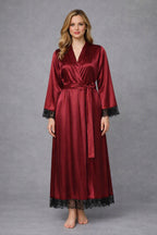 Satin Silk Long kimono Robe Night Gown with Lace
