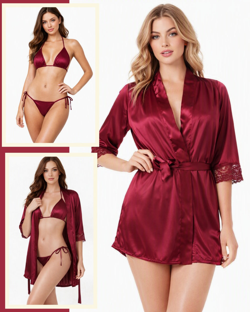 Ladies 3-Pcs Silk Robe and Bikini Set Nightwear Lingerie