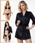 Ladies 3-Pcs Silk Robe and Bikini Set Nightwear Lingerie