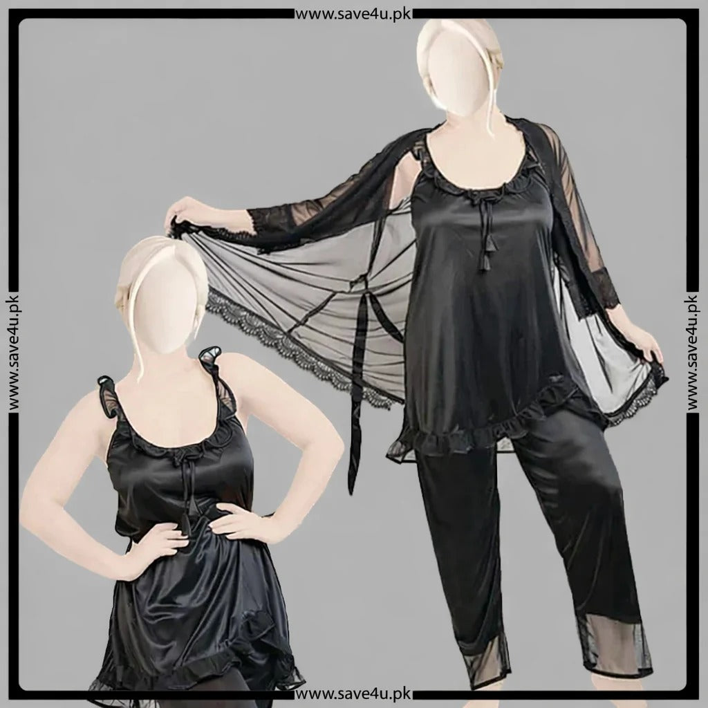 3 Pcs Satin Silk Chic Smooth Nighty