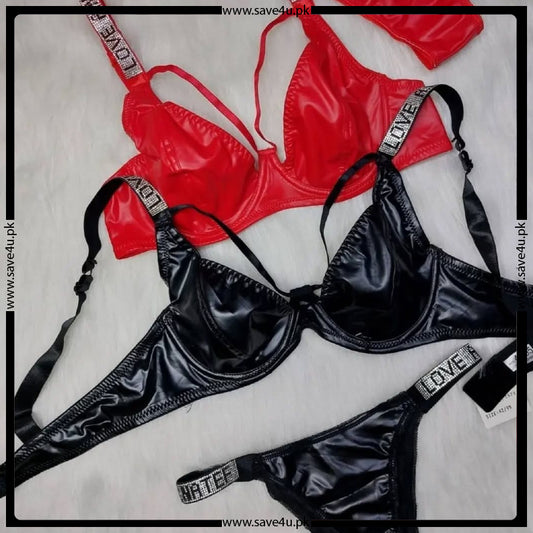 Non Padded Wired Leather Bra Set