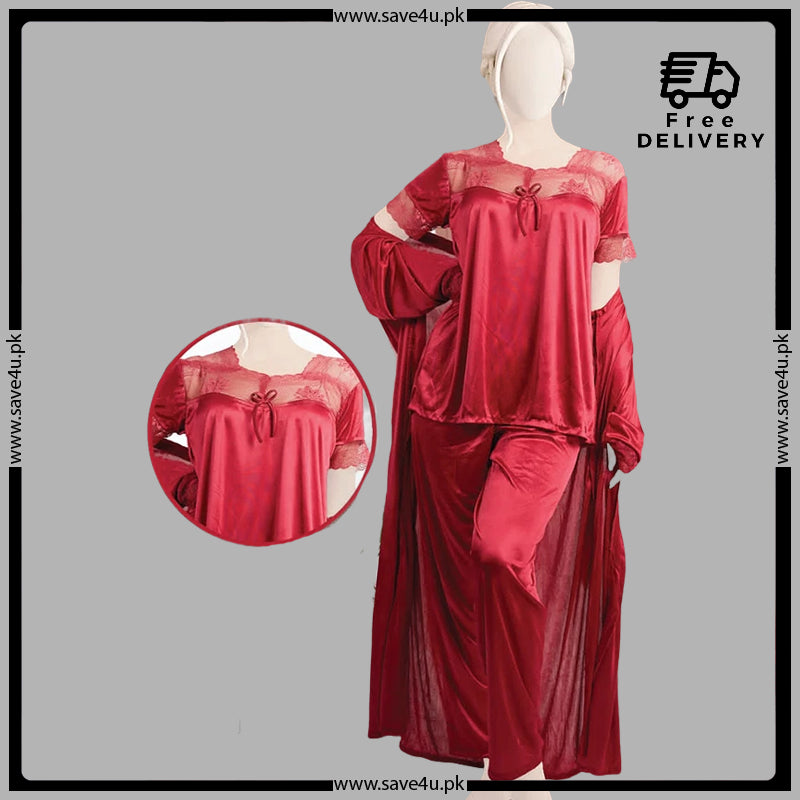 3 Pcs Satin Silk Pajama Set With Nightygown