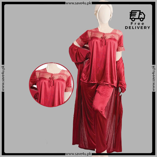 3 Pcs Satin Silk Pajama Set With Nightygown
