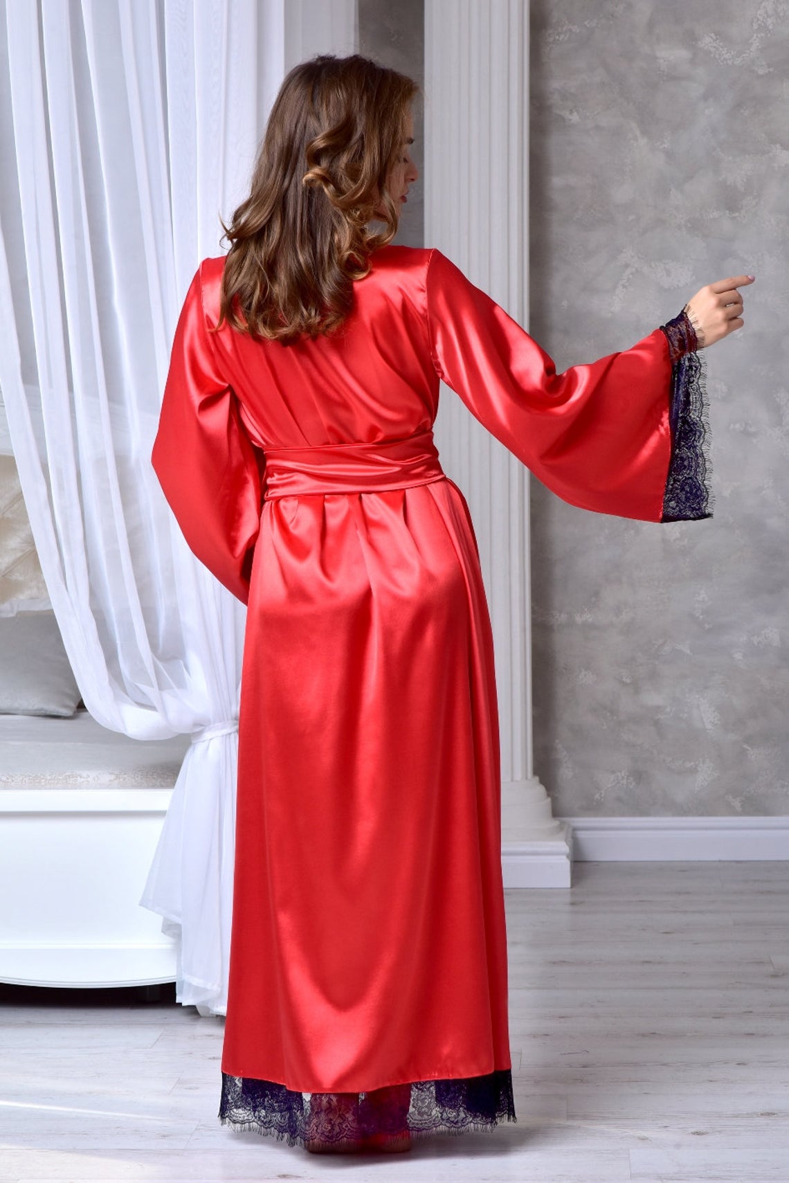 Satin Silk Long kimono Robe Night Gown with Lace