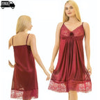 Ladies Satin Silk Trim Lace Design Comfy Nightgown Lingerie