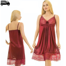 Load image into Gallery viewer, Ladies Satin Silk Trim Lace Design Comfy Nightgown Lingerie
