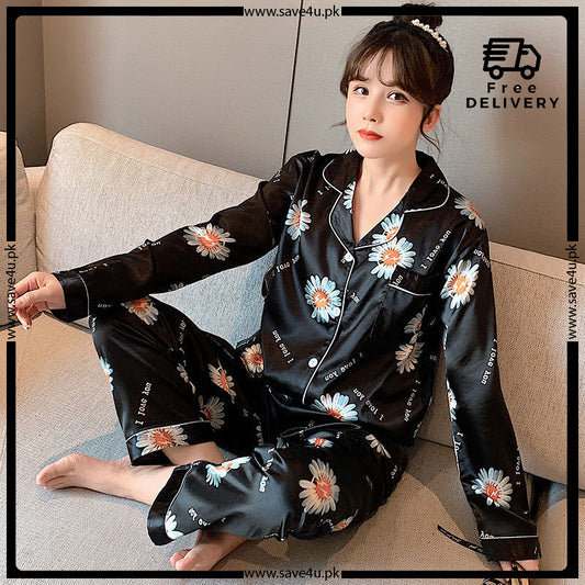 V-Neck 2-Pieces Flower Printed Satin Silk Pajama Set
