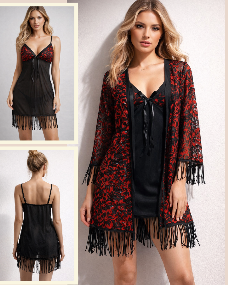 Lace Embroidered 3-Piece Nightwear
