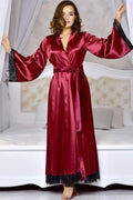 Satin Silk Long kimono Robe Night Gown with Lace