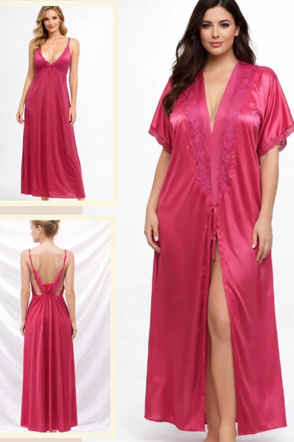 Satin 2 Pcs Lace V Neck Full Slip Nightgown and Robe