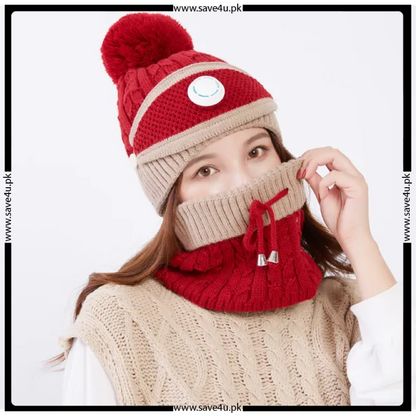 Winter Fleece Warm Cap & Scarf Set With Attached Face Mask For Ladies