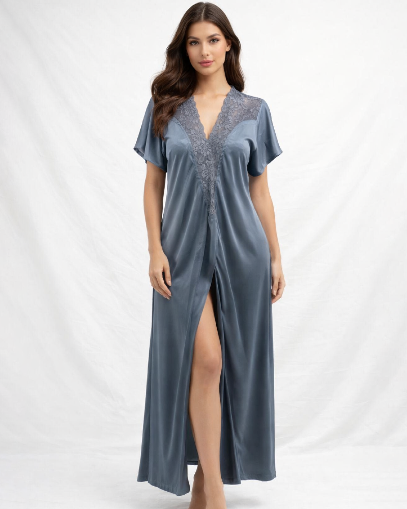 Elegant 2-Pcs Long Satin Silk Lingerie