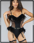 Fish Net Feather Plume Bodysuit With Garter