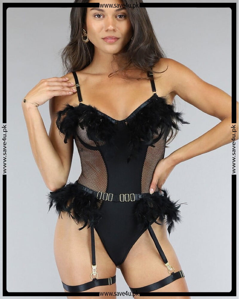 Fish Net Feather Plume Bodysuit With Garter