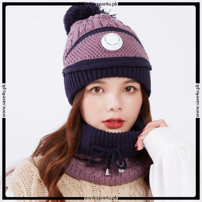 Winter Fleece Warm Cap & Scarf Set With Attached Face Mask For Ladies