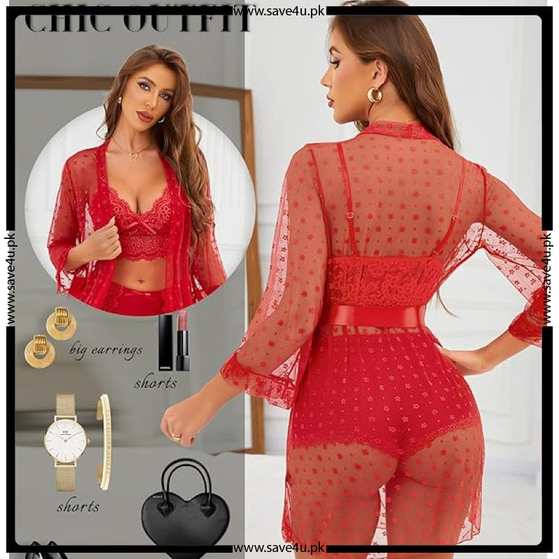 Sheer Temptation 3-Piece Net Short Lingerie Set