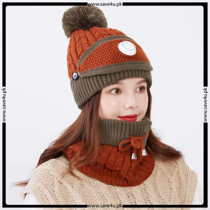 Winter Fleece Warm Cap & Scarf Set With Attached Face Mask For Ladies