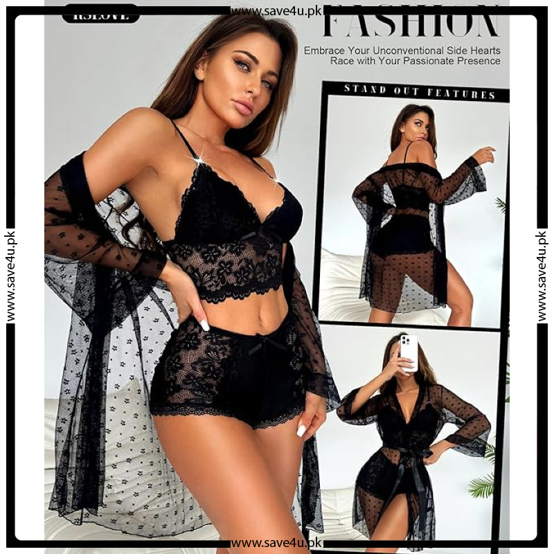 Sheer Temptation 3-Piece Net Short Lingerie Set