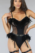 Fish Net Feather Plume Bodysuit With Garter