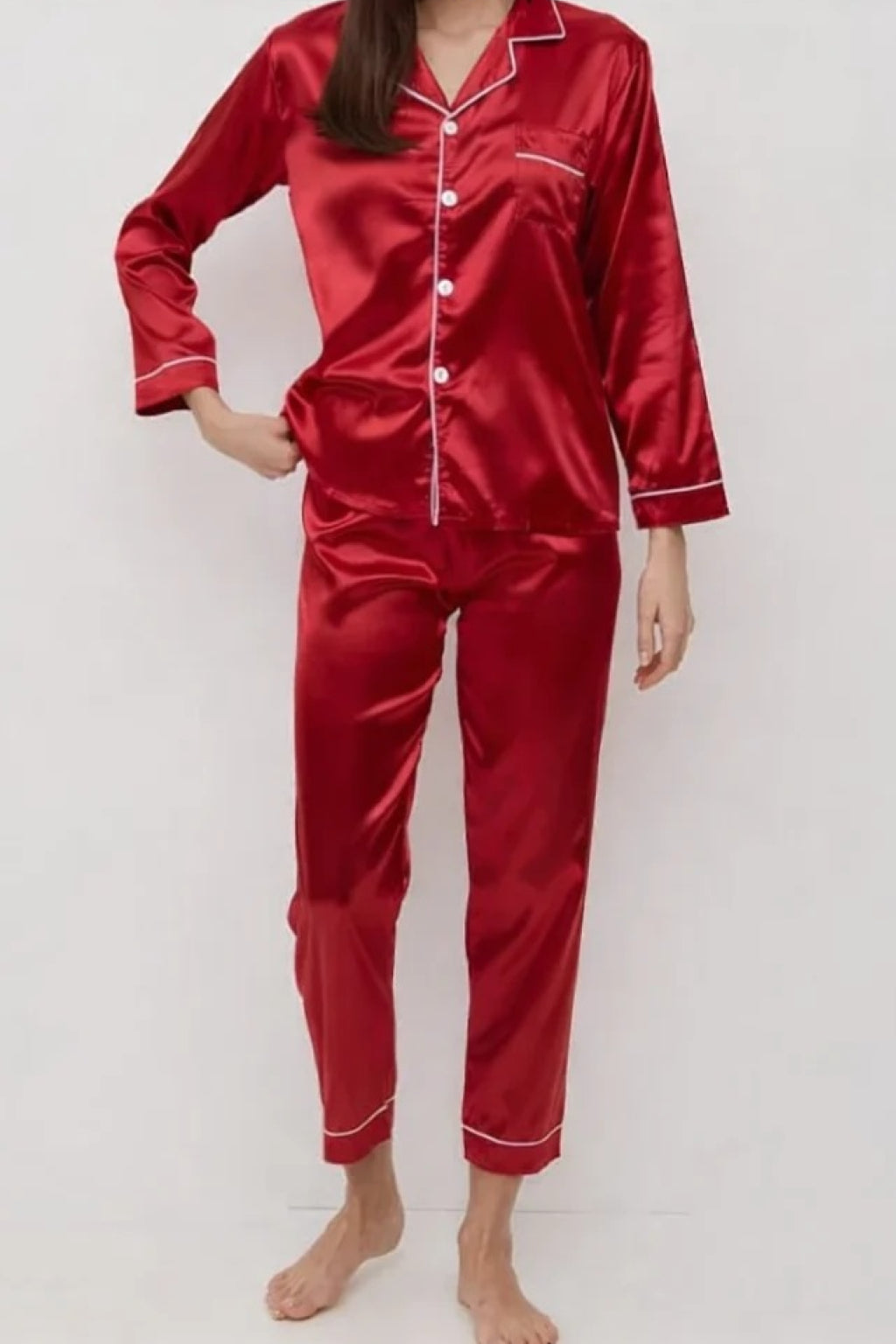 Satin Silk Pajamas Set V Neck Notched Collar