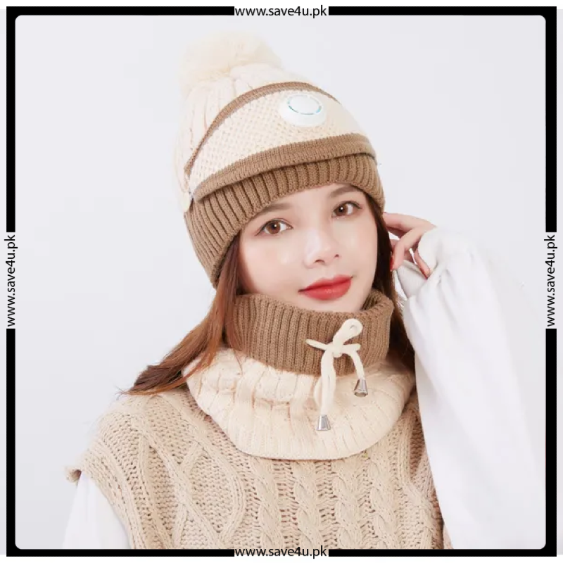 Winter Fleece Warm Cap & Scarf Set With Attached Face Mask For Ladies