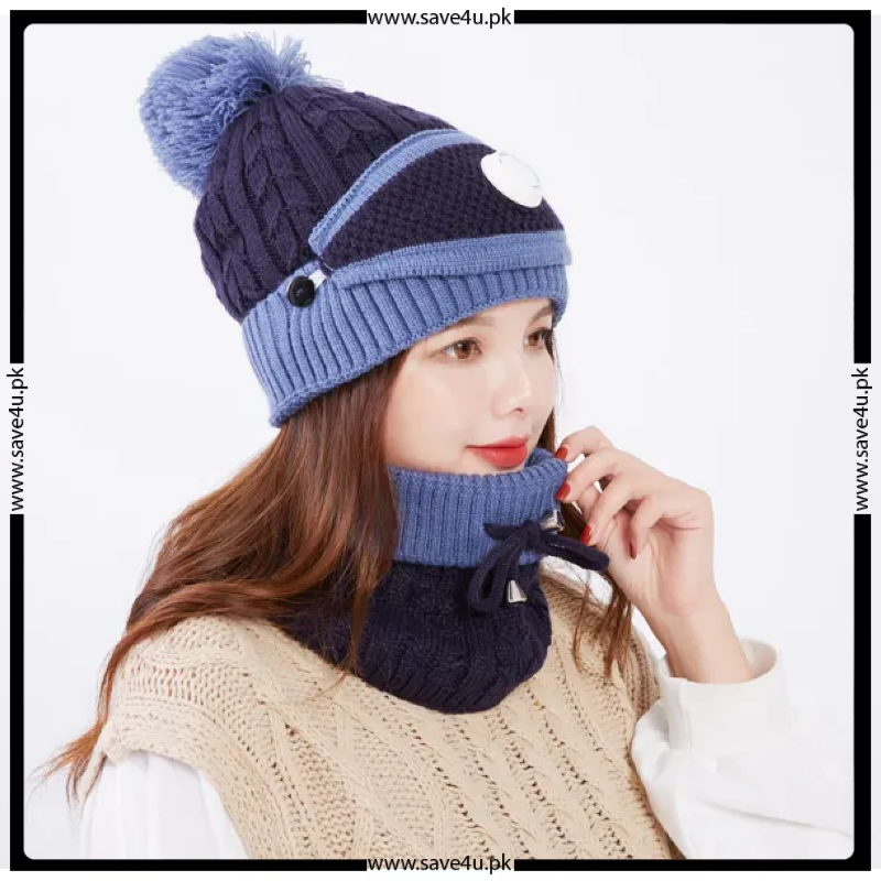 Winter Fleece Warm Cap & Scarf Set With Attached Face Mask For Ladies