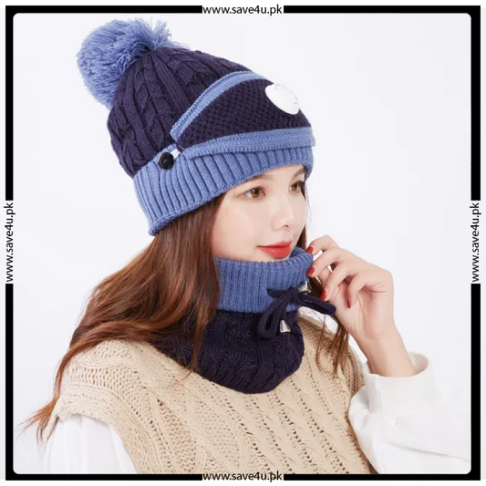 Winter Fleece Warm Cap & Scarf Set With Attached Face Mask For Ladies