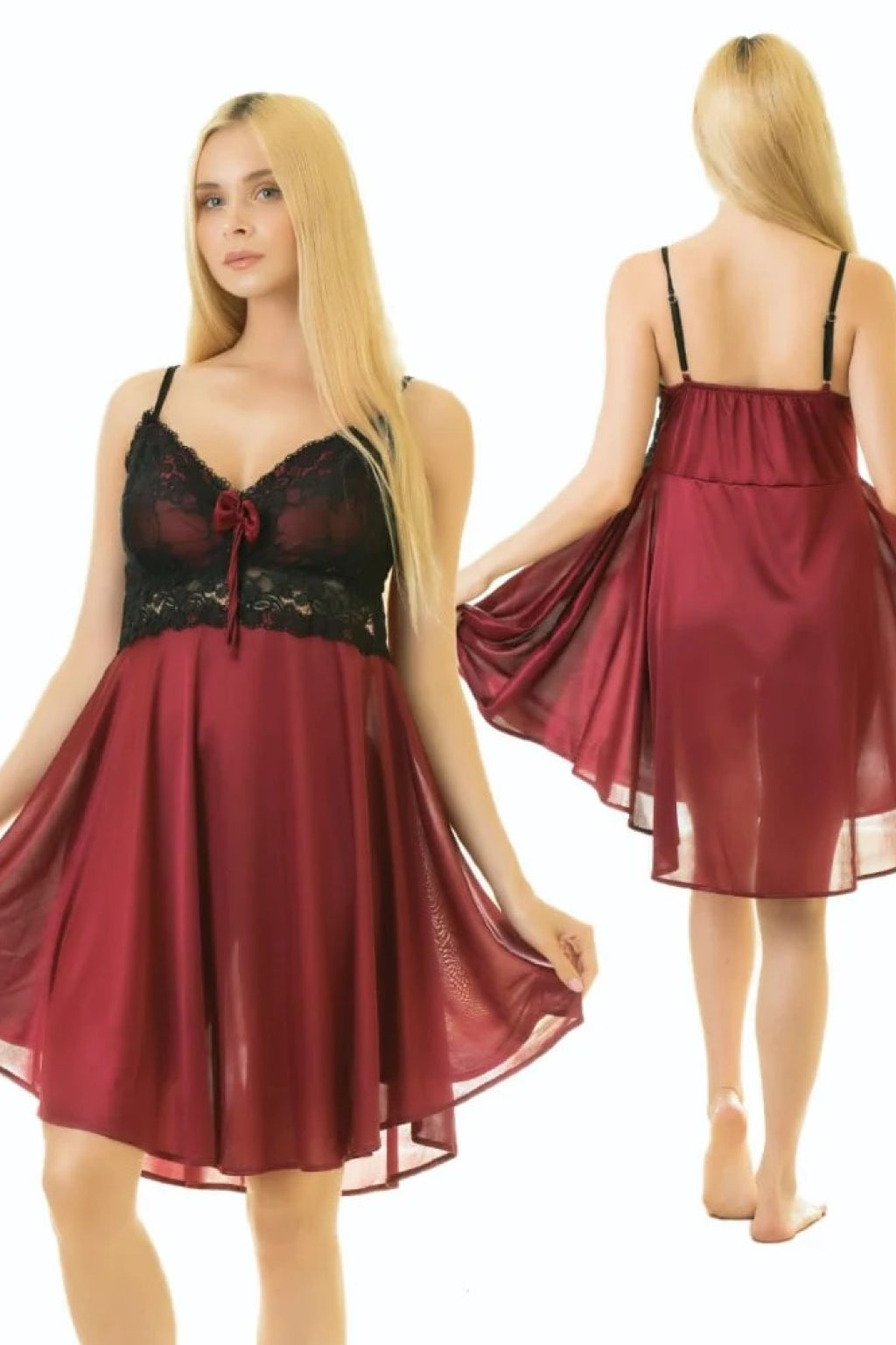 Ladies Satin Silk Trim Lace Design Comfy Nightgown Lingerie