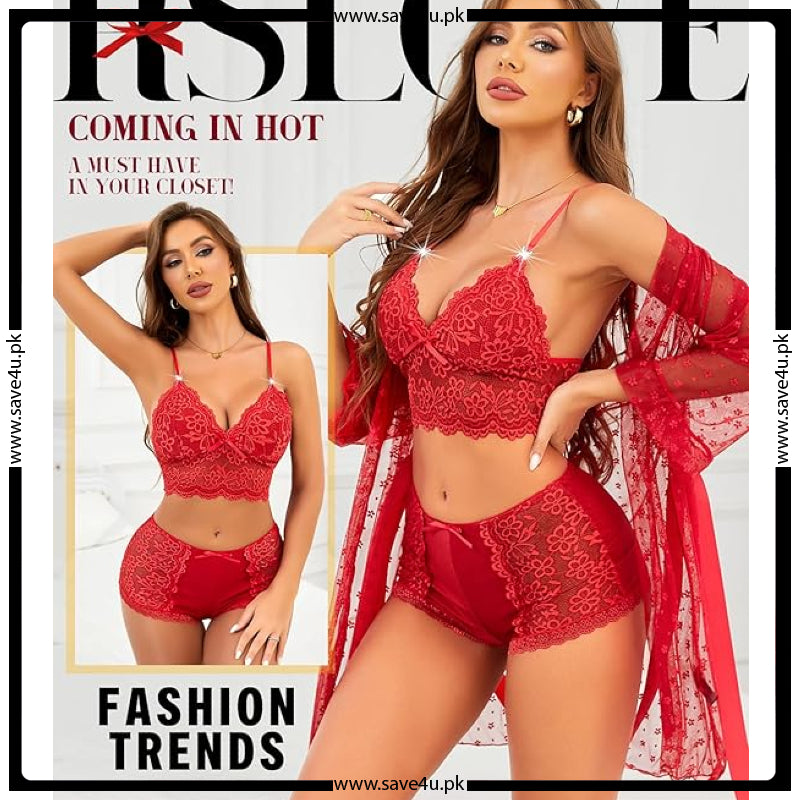 Sheer Temptation 3-Piece Net Short Lingerie Set